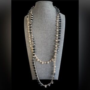 Dzi White Band Black Agate and Faceted Milky Quartz Hand Knotted Long Necklace